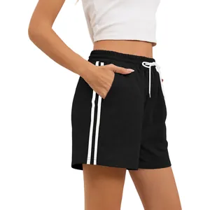 Women's black athletic casual shorts featuring white side stripes and drawstring