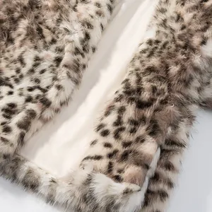 Macro detail of soft leopard print faux fur jacket showing texture and smooth lining