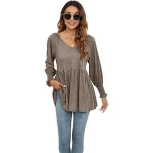 Top a peplo a maniche lunghe con scollo a V da donna con polsini arricciati e vita