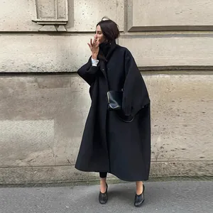 Fashionable long black wool trench coat featuring a stylish stand collar and batwing sleeves