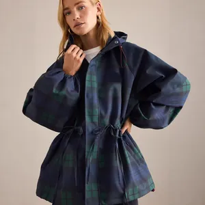 Women's Plaid Drawstring Waist Hooded Jacket Short Windbreaker Coat Casual Outdoor Top Blue Green Plaid Printed Outerwear
