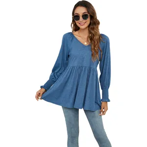 Top peplum casual blu con scollo a V e maniche a sbuffo per donna