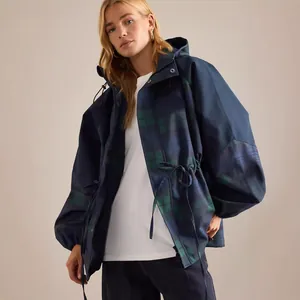 Stylish women's plaid hooded windbreaker jacket with adjustable drawstring waist and stand collar