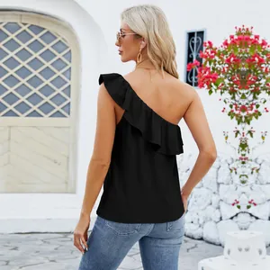 Detailed back view of a chic black one-shoulder tank top featuring elegant ruffles.