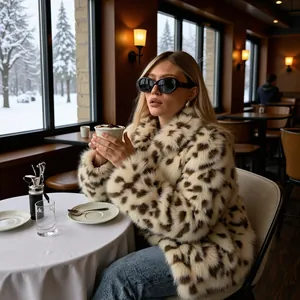 Vintage Leopard Print Faux Fur Jacket For Women Loose Fit Stand Collar Zip Up Long Sleeve Warm Polyester Outerwear Top