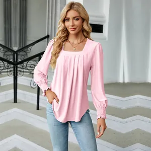 Elegant pink jacquard square neck long sleeve blouse with pleated detail for women