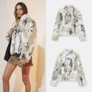 Abrigo de Piel Sintética para Mujer Moda Simple Patrón Lynx Moteado Cuello Alto Chaqueta de Manga Larga Estilo Streetwear Europeo Poliéster