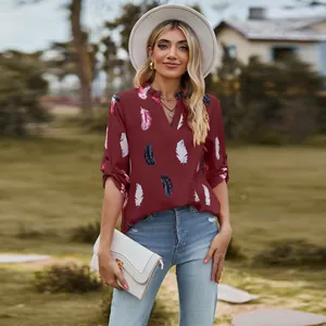 Stylish women's V-neck loose blouse with feather print and 3/4 sleeves for casual wear