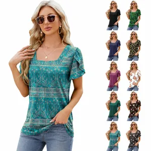 Women's Square Neck Petal Sleeve Floral Print T-Shirt Loose Casual Short Sleeve Rayon Polyester Pullover Top