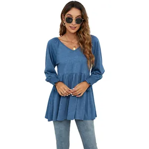 Top blu donna scollo a V maniche a sbuffo moda autunno camicia in maglia casuale