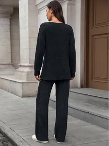 Detailed back view of charcoal gray ribbed knit loungewear set with long-sleeve top