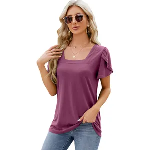 Elegant purple square neck t-shirt with stylish petal sleeves for 2024 summer fashion.