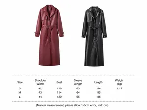 Detaillierte Größentabelle für Damen-Leder-Trenchcoats mit Maßen in cm