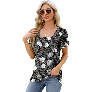 Elegant women's floral print T-shirt featuring square neckline and stylish petal short sleeves