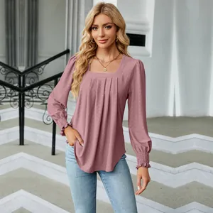 Elegant women's square neck long sleeve top with pleated detail and jacquard texture