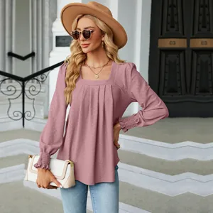 Elegant mauve square neck long sleeve blouse with pleated detail and jacquard texture