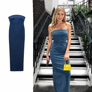 Damen Sexy Trägerloses Denim-Stil Polyester Farbverlauf Maxi-Kleid Rücken Reißverschluss Slim Fit Ärmellos Figurbetontes Langes Kleid