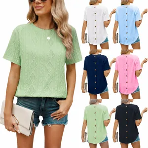 Women's Casual Short Sleeve T-Shirt Jacquard Texture Round Neck Back Button Top For Summer Spring Fashion