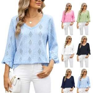 Women V-Neck Diamond Jacquard Hollow Out Flare Sleeve T-Shirt Loose Rayon Polyester Blouse Casual Street Fashion Top