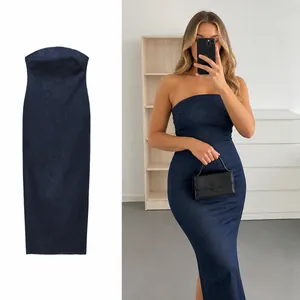 Elegantes trägerloses Jeans-Midikleid in Dunkelblau mit elegantem Tube-Top-Design für Damen