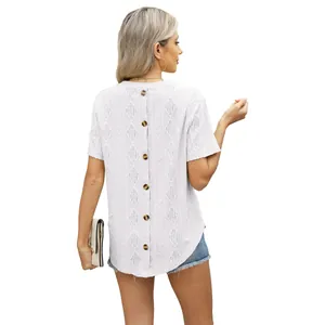 Stylish women's round neck jacquard knit t-shirt featuring elegant back button details