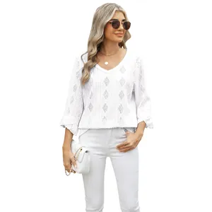 Women's white V-neck diamond lattice hollow jacquard loose t-shirt with bell sleeves