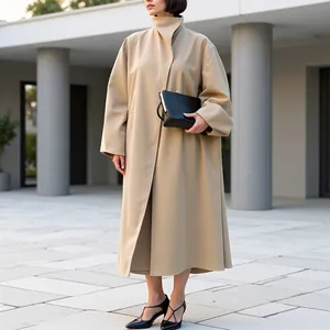 Women's Autumn Winter Long Trench Coat Stand Collar Batwing Sleeve Oversized Casual Windbreaker Minimalist Jacket Outwear