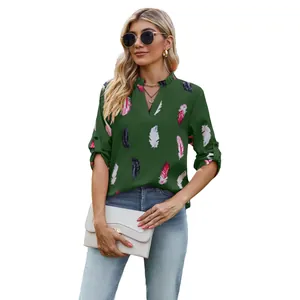 Stylish dark green V-neck blouse with colorful feather prints and casual 3/4 sleeves