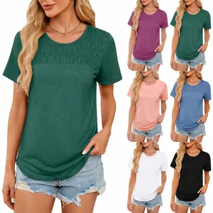 Women's Casual Smocking Crew Neck T-Shirt Solid Color Loose Short Sleeve Shirred Top Summer Fashion Cotton Blend Basic Tee