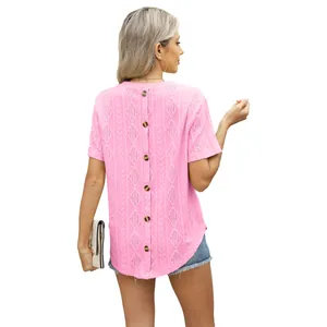 Pink short sleeve knit t-shirt for women featuring back button detail and round neck