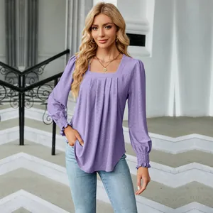 Chic purple square neck pleated long sleeve jacquard top for stylish women's wear