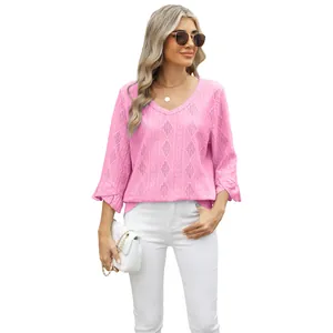 Stylish pink V-neck t-shirt with diamond hollow jacquard and flared sleeves for women.