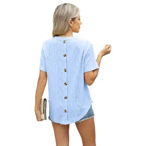 Light blue round neck short sleeve T-shirt with back button detail and jacquard pattern