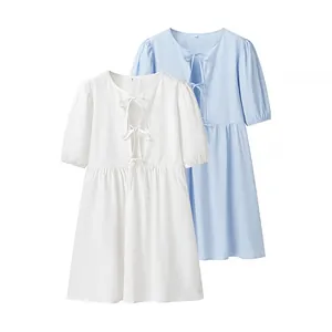 Robe Midi Femme Style Européen Col Rond À Lacets Manches Courtes Ample Décontracté Couleur Unie Imprimé Léopard Été