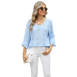 Elegant women's light blue V-neck T-shirt with diamond hollow jacquard and flare sleeves
