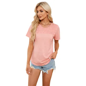 Women's pink shirred round neck short sleeve T-shirt comfortable fashion summer top