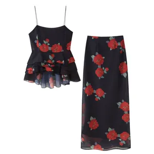 Women European Fashion Floral Print Layered Ruffle Top And Long Skirt Casual Streetwear Clothing