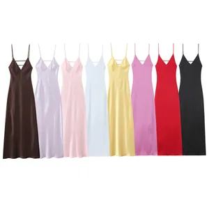 Women Satin Midi Dress Sexy V Neck Backless Spaghetti Strap Solid Color A-Line Summer Party Evening Polyester Dress