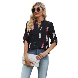 Elegant V-neck women's shirt with colorful feather print and 3/4 sleeves in black color