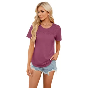 Casual mauve smocked crew neck short sleeve t-shirt for women in a comfortable loose fit