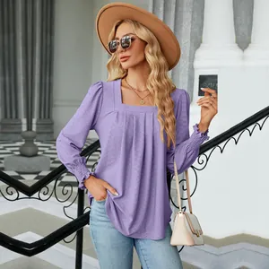 Detailed view of the purple jacquard pleated square neck long sleeve top for women