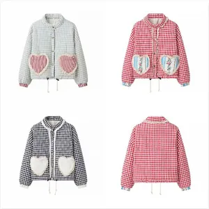 Detailed view of four color variations of checkered jackets with heart pockets.