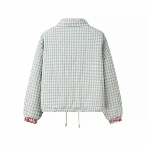 Back view of a street style gingham puffer jacket with drawstring hem and striped cuffs.