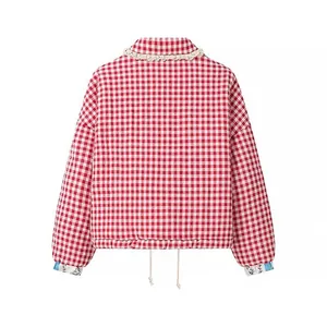 Rear view of red gingham plaid jacket with lace collar detail and drawstring hem