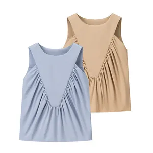 Detail of blue and khaki sleeveless tank tops with pleated V-shaped gathered design