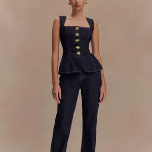 Dames Moderne Denim Peplum Top En Broek Set Vierkante Hals Mouwloos Vest En Hoge Taille Rechte Broek Casual Outfit