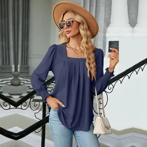 Elegant navy blue jacquard pleated square neck long sleeve blouse for women in fall season