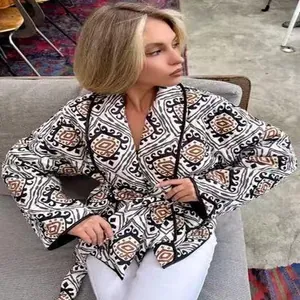 Stylish European printed padded cotton jacket with geometric pattern and waist tie belt