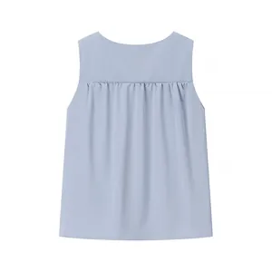Detailed back view of light blue sleeveless pleated tank top for women in summer style