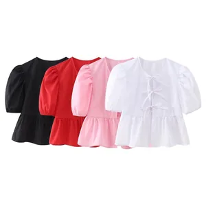 Chemisier Femme en Polyester Manches Bouffantes à Lacets Top Peplum Rétro Couleur Unie pour Vêtements Décontractés Mode Printemps Été